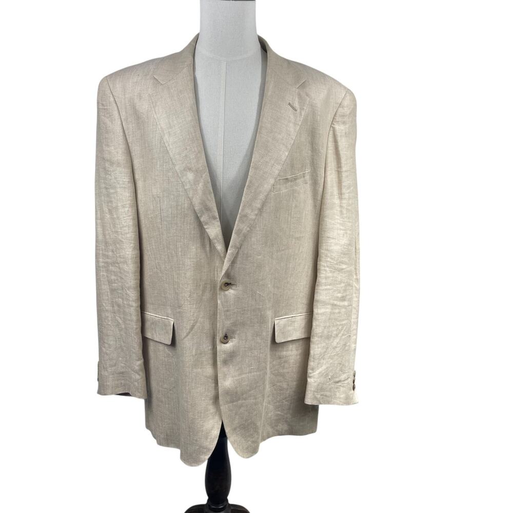 Alan Flusser Blazer Jacket Mens 46L Beige Natural 100% Linen Sport Coat Wedding